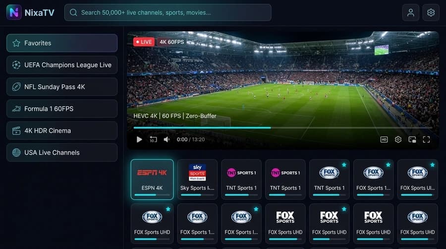 NixaTV Web Player 4K Ultra HD Interface NixaTV Web Player 4K Interface - 50,000+ Live Channels & Sports